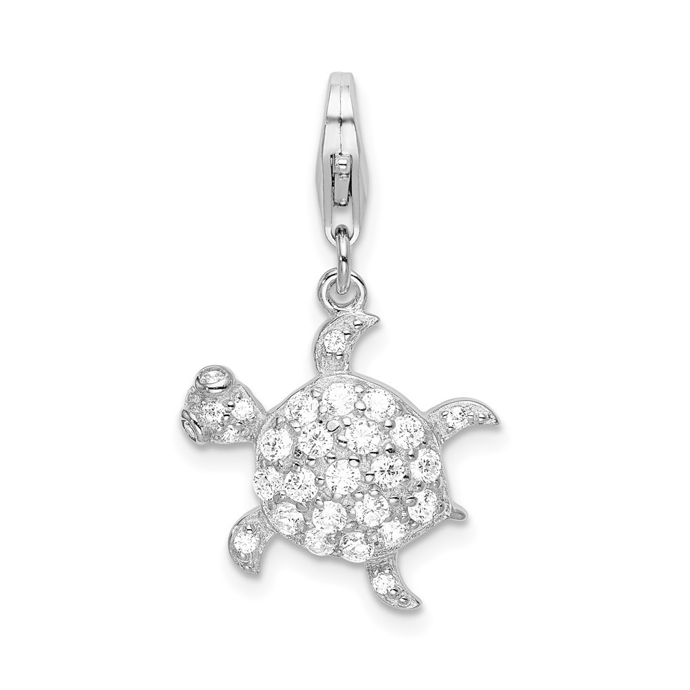Sterling Silver Polished CZ Sea Turtle Bracelet Charm with Fancy Lobster Clasp